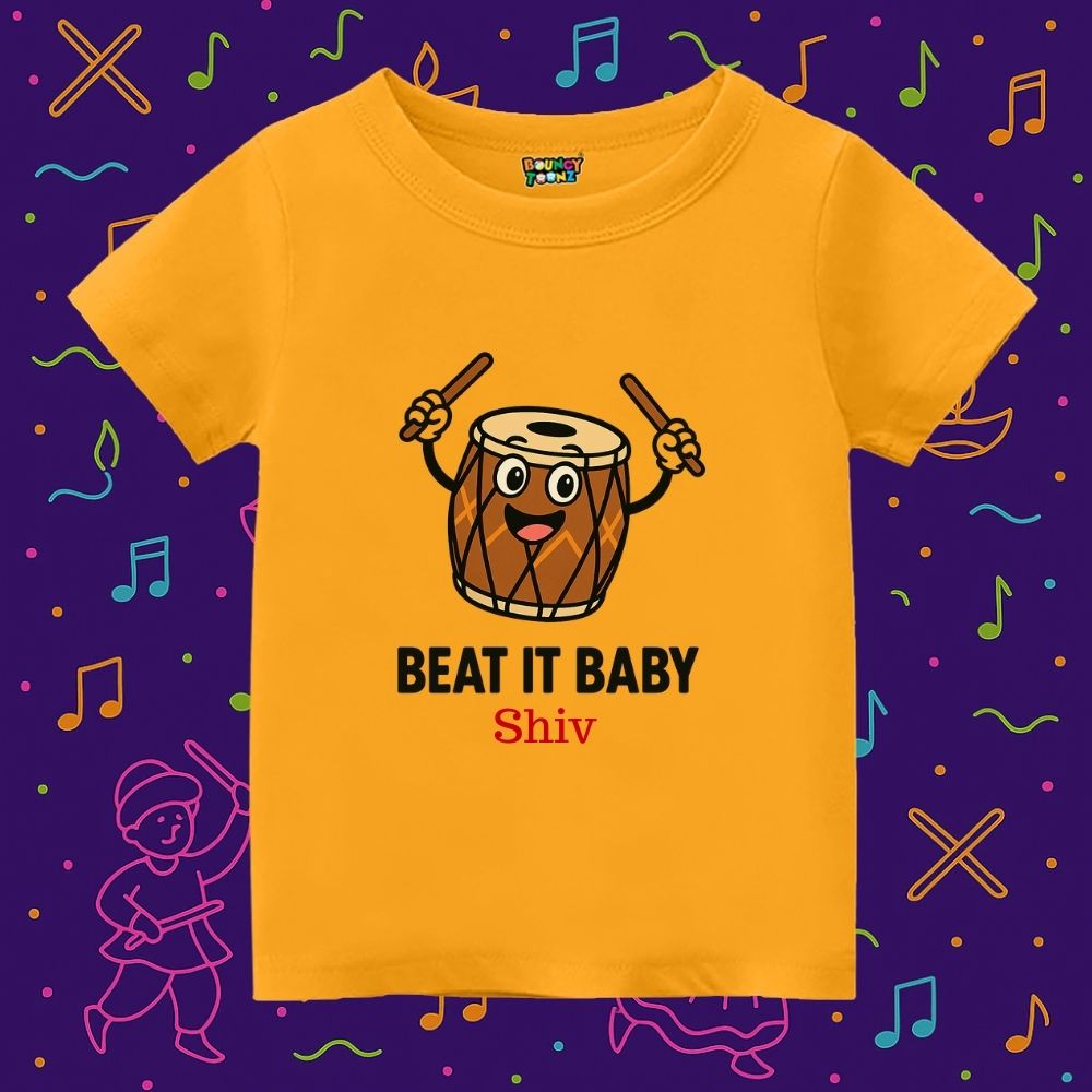 Mustard Kids t-shirt with a cartoon drum and text Beat it Baby