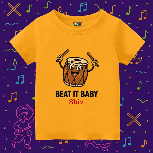 Mustard Kids t-shirt with a cartoon drum and text Beat it Baby