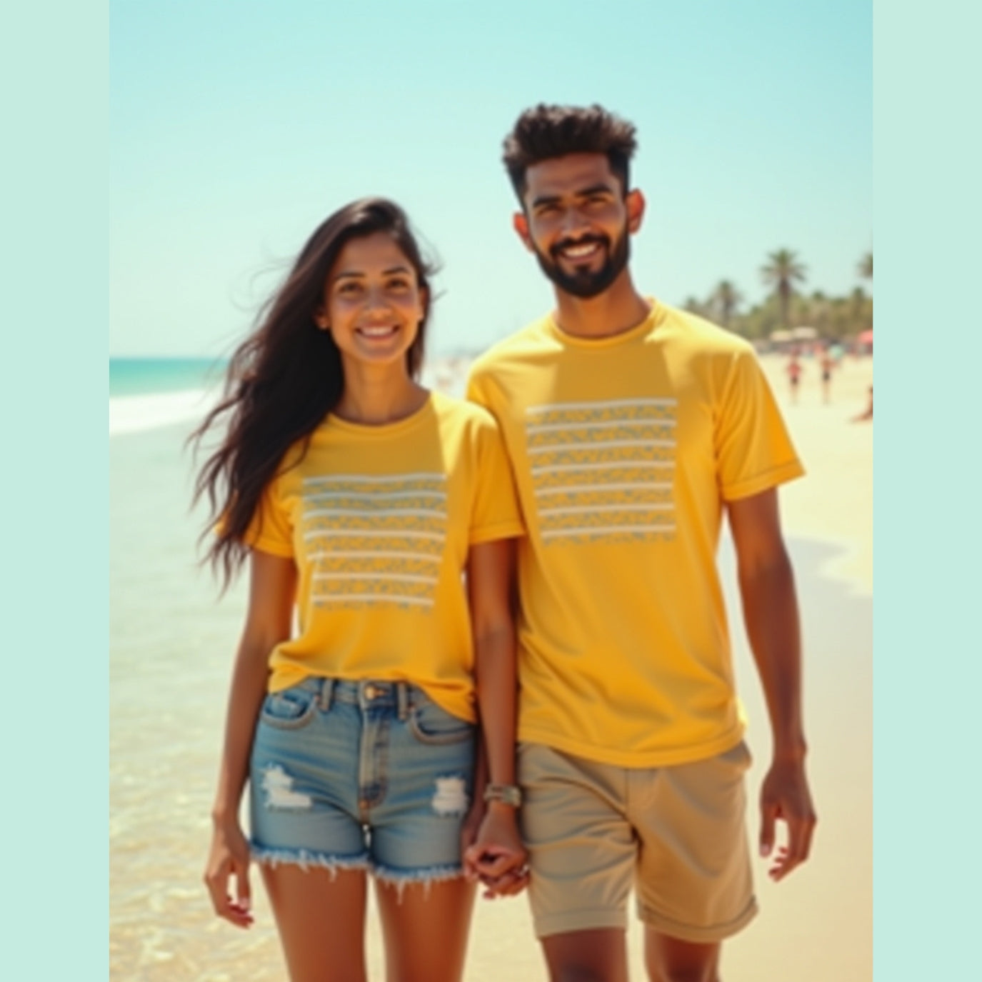 Mustard Couple T-Shirts with White Stripes & Green Dots – Bold, Stylish & Unique! 💛