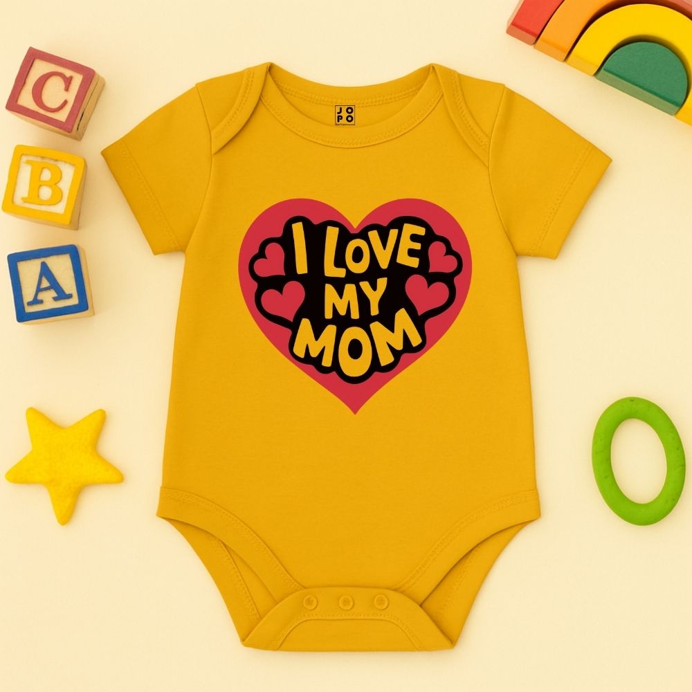 Mustard baby onesie with 'I Love My Mom' print 