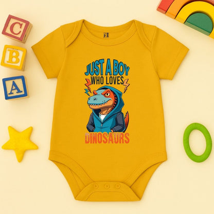 Mustard baby onesie with dinosaur graphic and text 