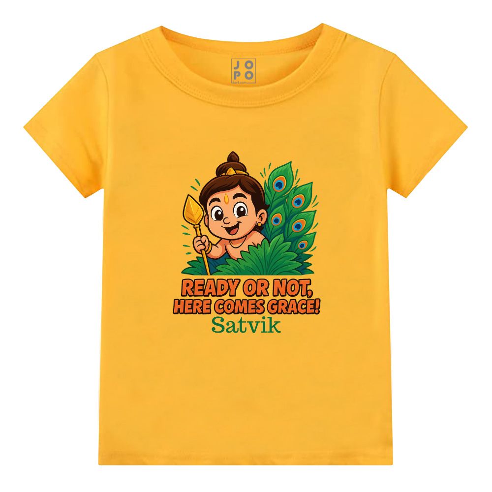 Mustard t-shirt, Balamurugan with vel and feather design and text  'Ready or Not, Here Comes Grace'! 