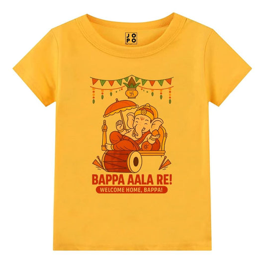 Mustard t-shirt with a cartoon depiction of Ganesha for little deity 