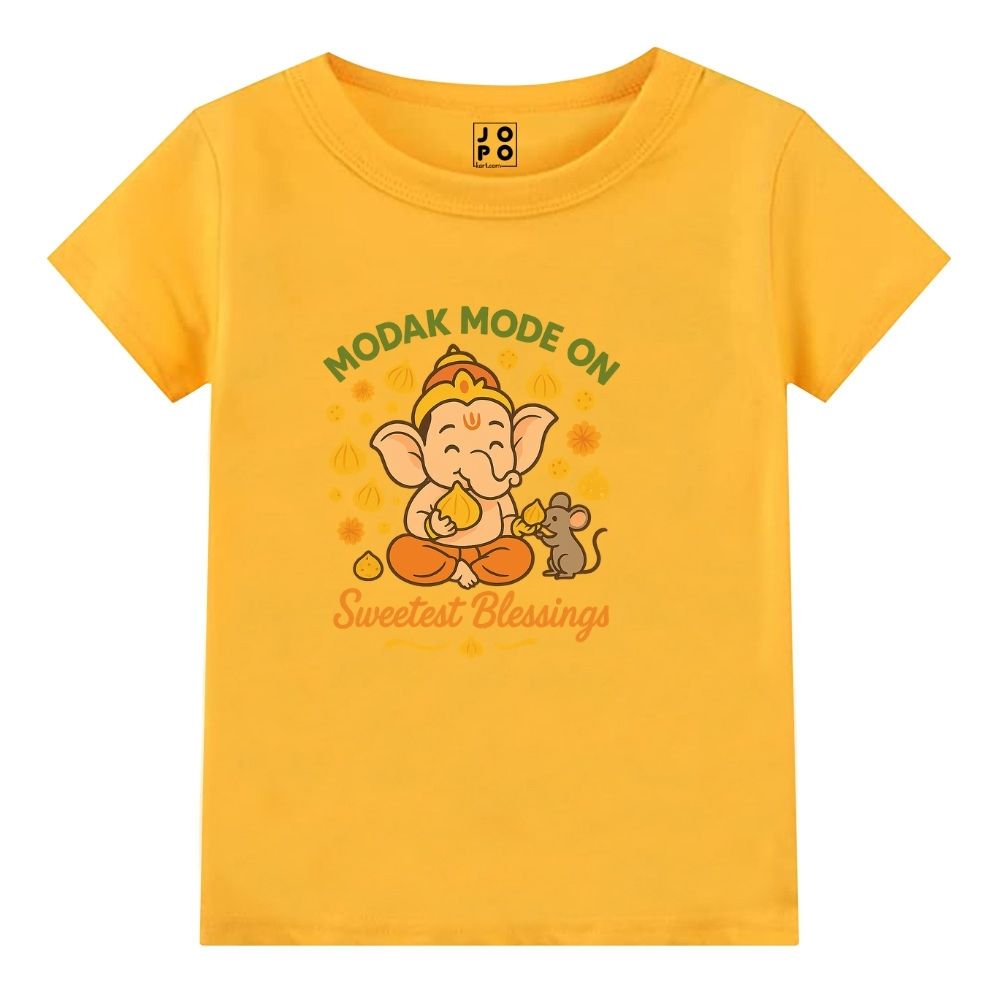 Mustard t-shirt with a cartoon design of a deity and mouse.