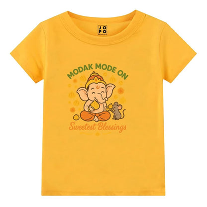 Mustard t-shirt with a cartoon design of a deity and mouse.