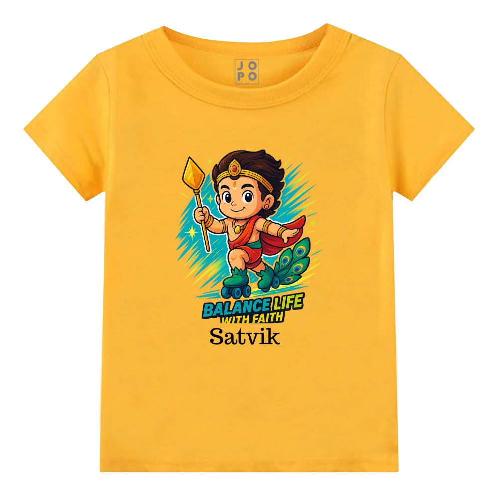 Mustard t-shirt, Lord balamurugan with Skating Roller and text Balance Life With Faith'