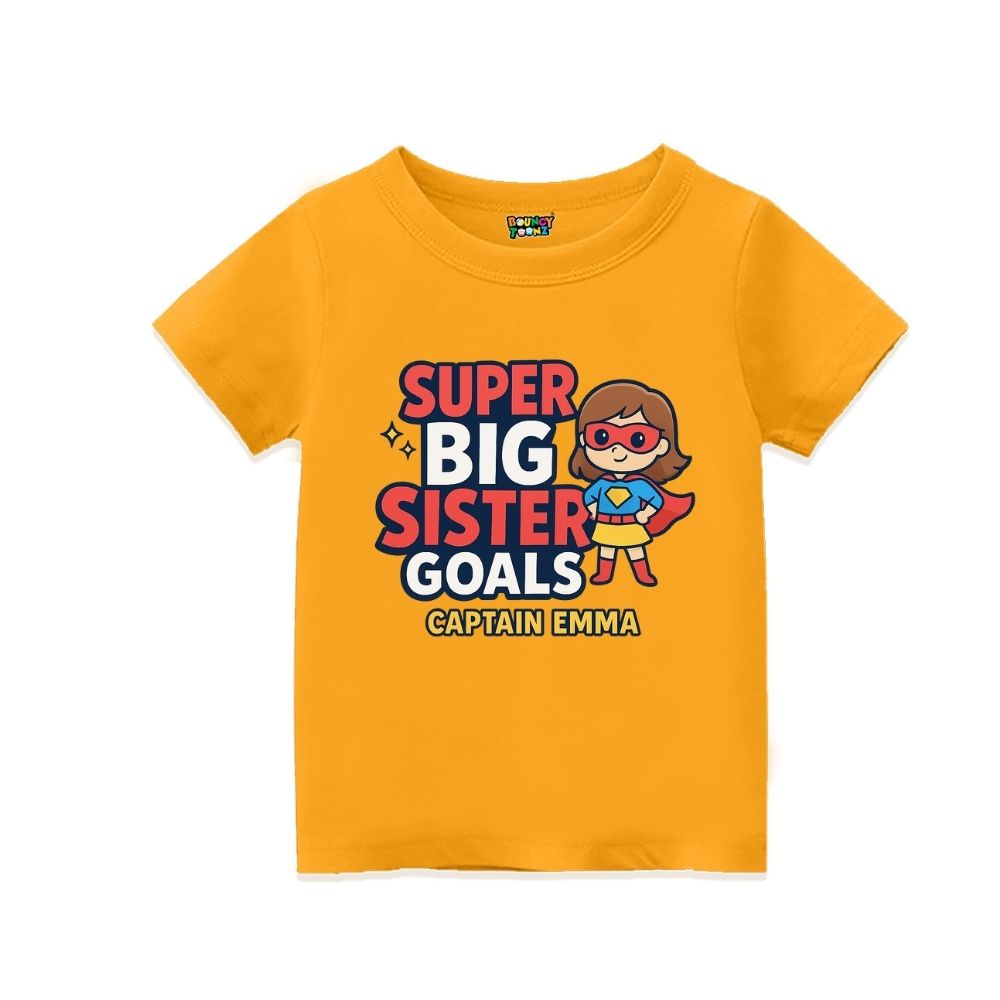 Mustard t-shirt,  Superhero Design Printed with "Super Big Sister Goals" and Captain text