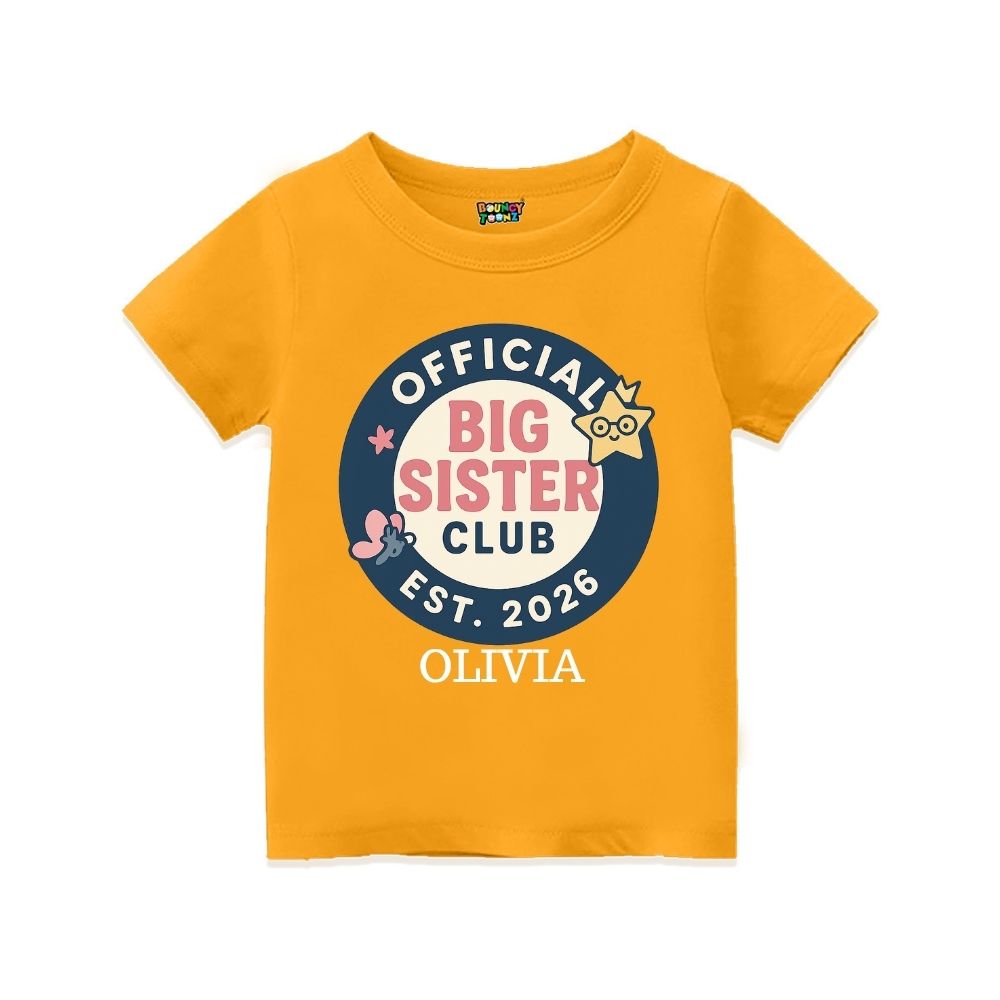 Mustard t-shirt with 'Official Big Sister Club' Text with Badge design 