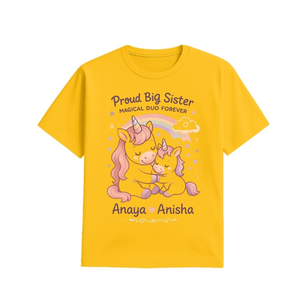 Mustard t-shirt with unicorn design and text 