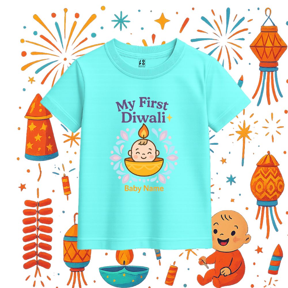 'My First Diwali' with diya design personalised tshirt Aquablue