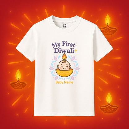 'My First Diwali' with diya design personalised tshirt White
