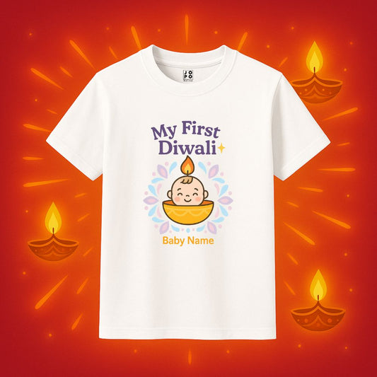 'My First Diwali' with diya design personalised tshirt White