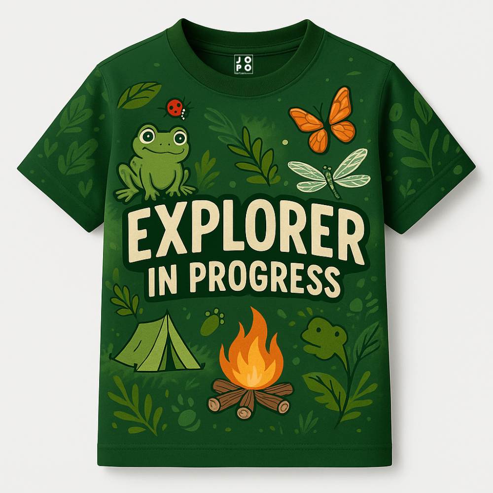 Nature-themed graphics and 'Explorer in Progress' text Printed Kids Jersey
