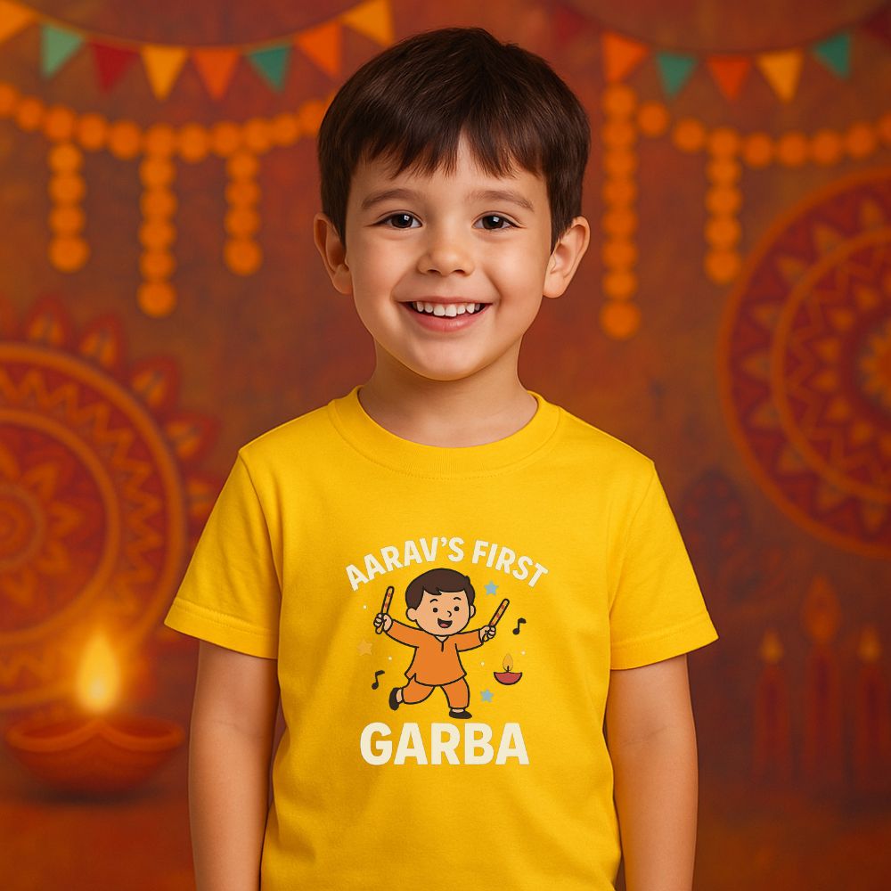 Navarathiri Yellow t-shirt with 'First Garba' Printed design 