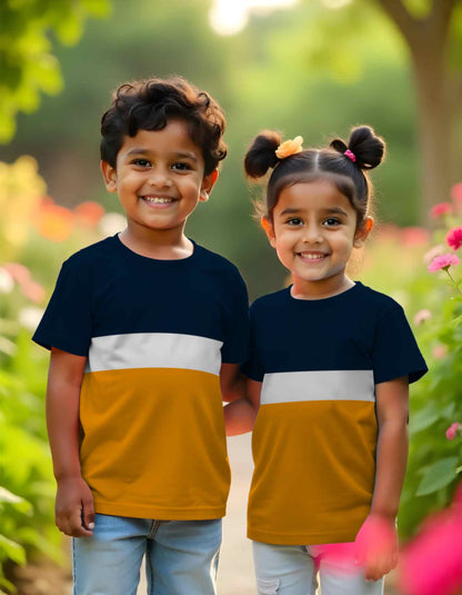 Navy and mustard siblings T-shirt combo – perfect Rakhi gift 2025 for brothers and sisters to twin in vibrant festive style