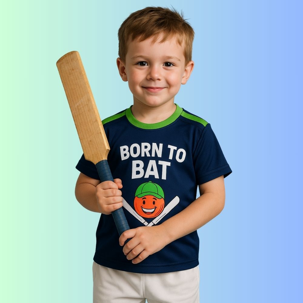 Navy and green Kids Jersey 'Born to Bat' text