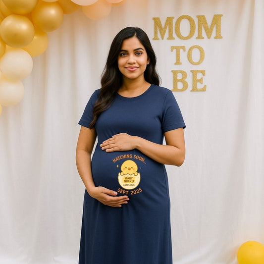 Navy blue dress Hatching Soon Text and Month Print Maternity Outfit