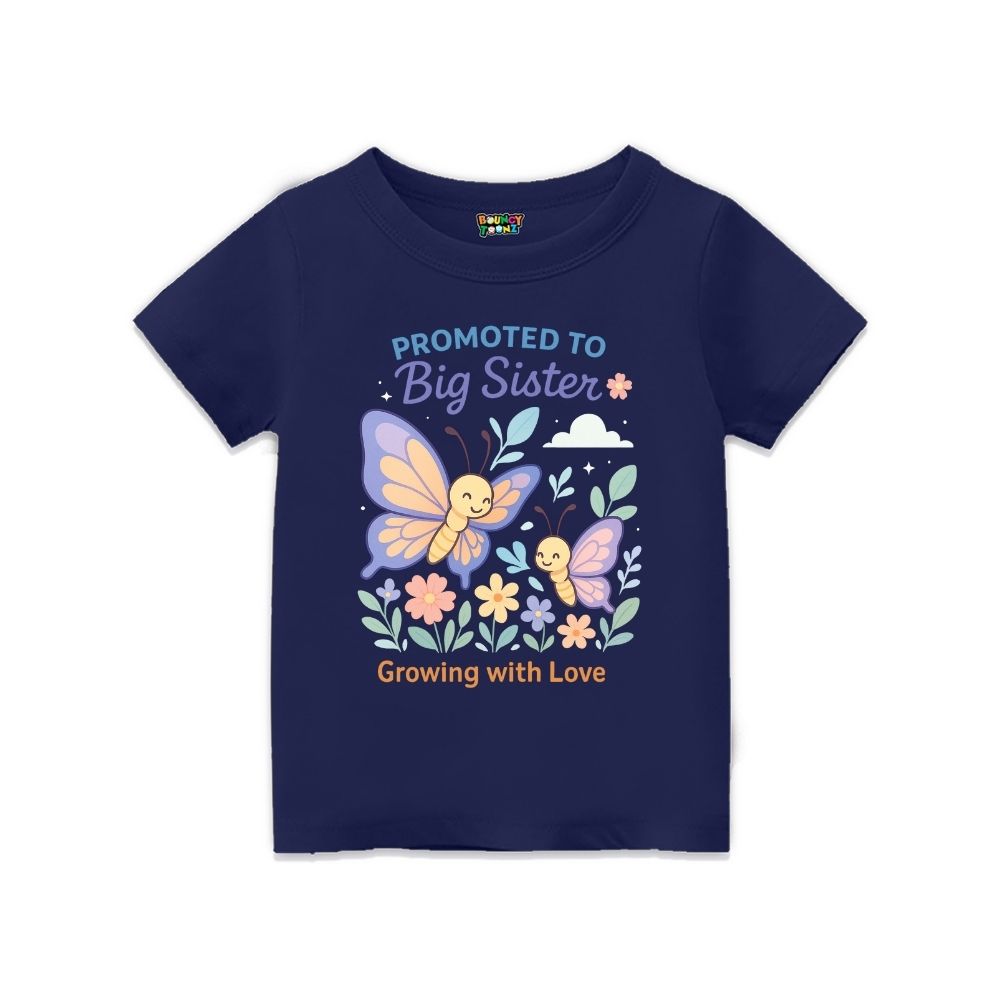 Navy blue t-shirt with butterfly design and text 'Promoted to Big Sister Growing with Love' 