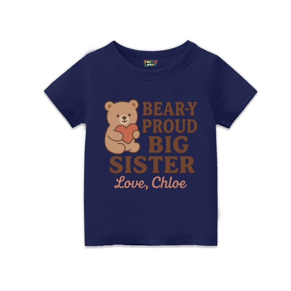 Navy t-shirt with a bear graphic and text
