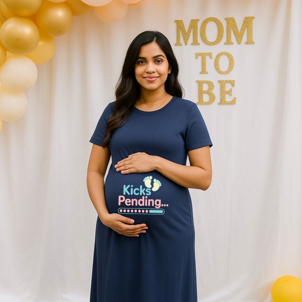 Navyblue Dress with 'Kicks Pending' text and Baby Footprint design printed