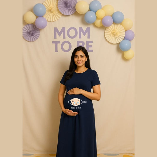 Navyblue dress with a baby bump design Peek a Boo! Design