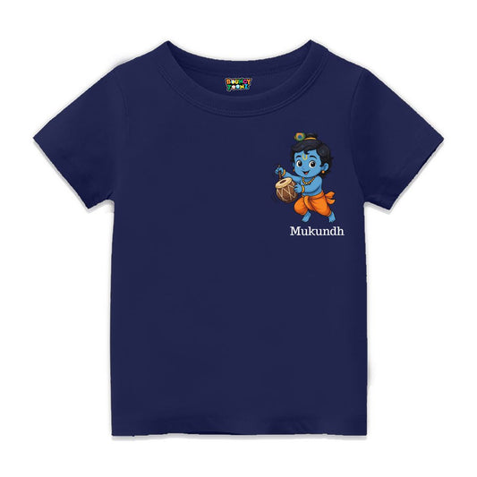 Navyblue t-shirt, Cute Krishna and Drums Design cartoon and 'Mukund' text
