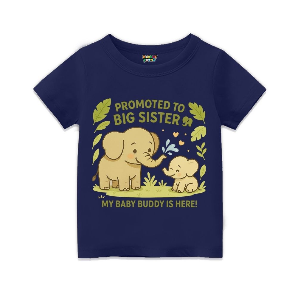 Navyblue t-shirt with elephant design and text 'Promoted to Big Sister' with My Baby Buddy is Here!