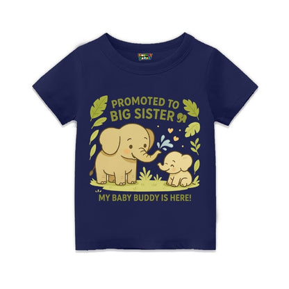 Navyblue t-shirt with elephant design and text 'Promoted to Big Sister' with My Baby Buddy is Here!