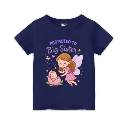 Navyblue t-shirt with fairy and baby graphic and 'Promoted to Big Sister' text 