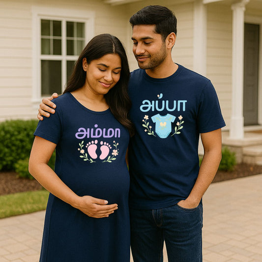 Navy Blue Matching maternity t-shirt Dress for couples featuring Amma and Appa in Tamil script