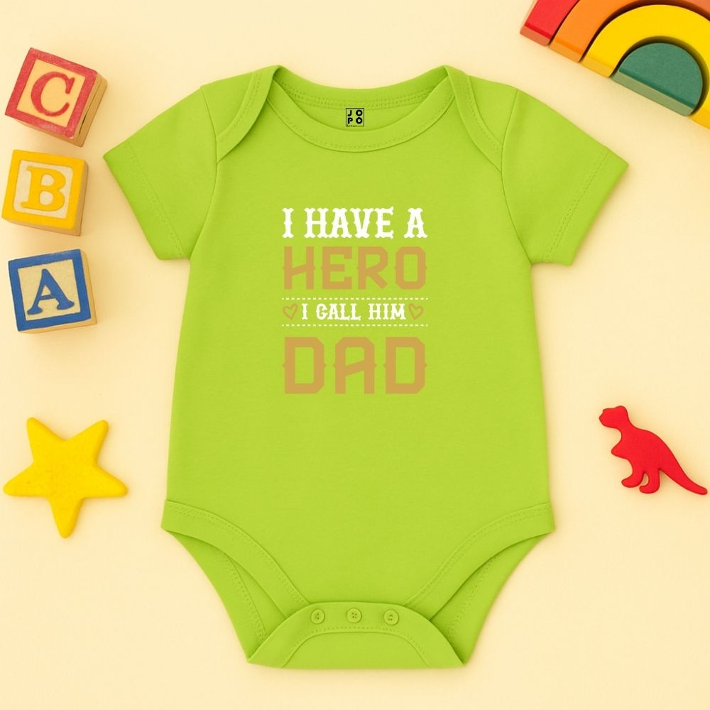 NeonGreen baby onesie with 'I have a hero I call him Dad' text 