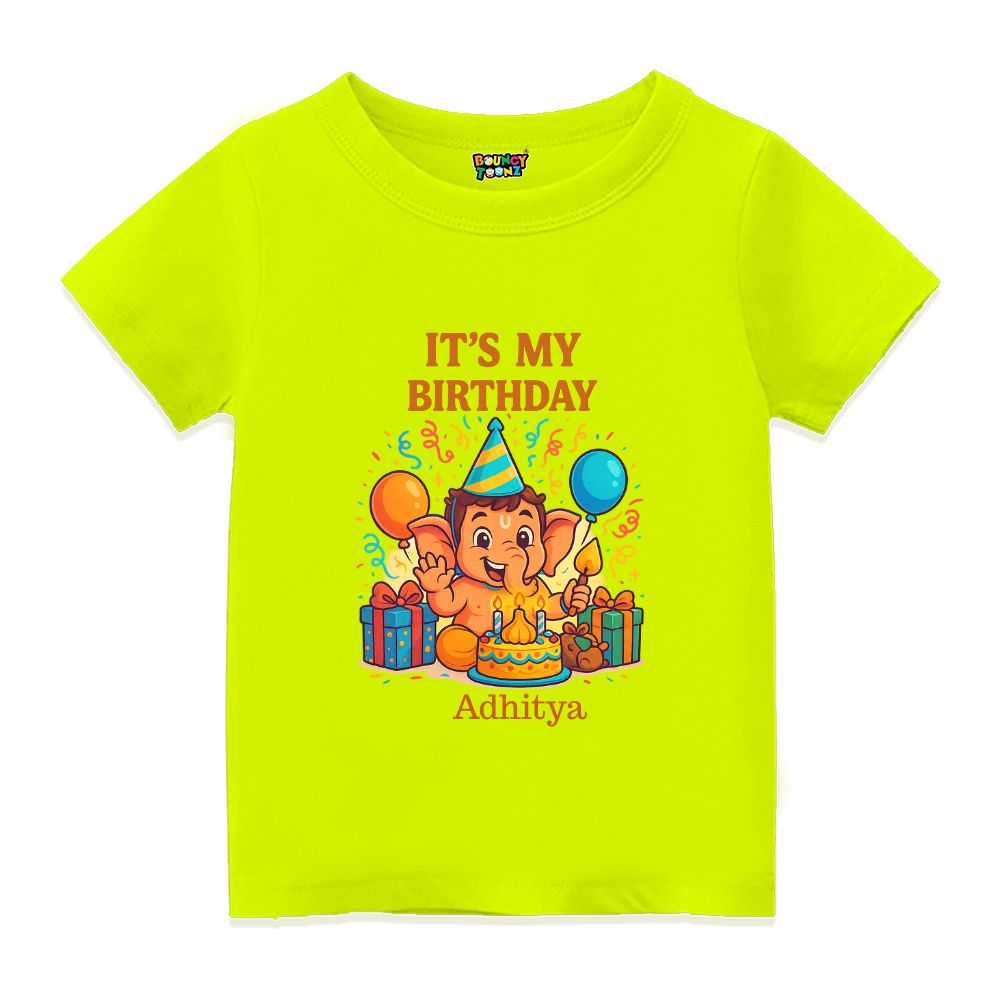 Neongreen Kids t-shirt with a birthday-themed Ganesha design 