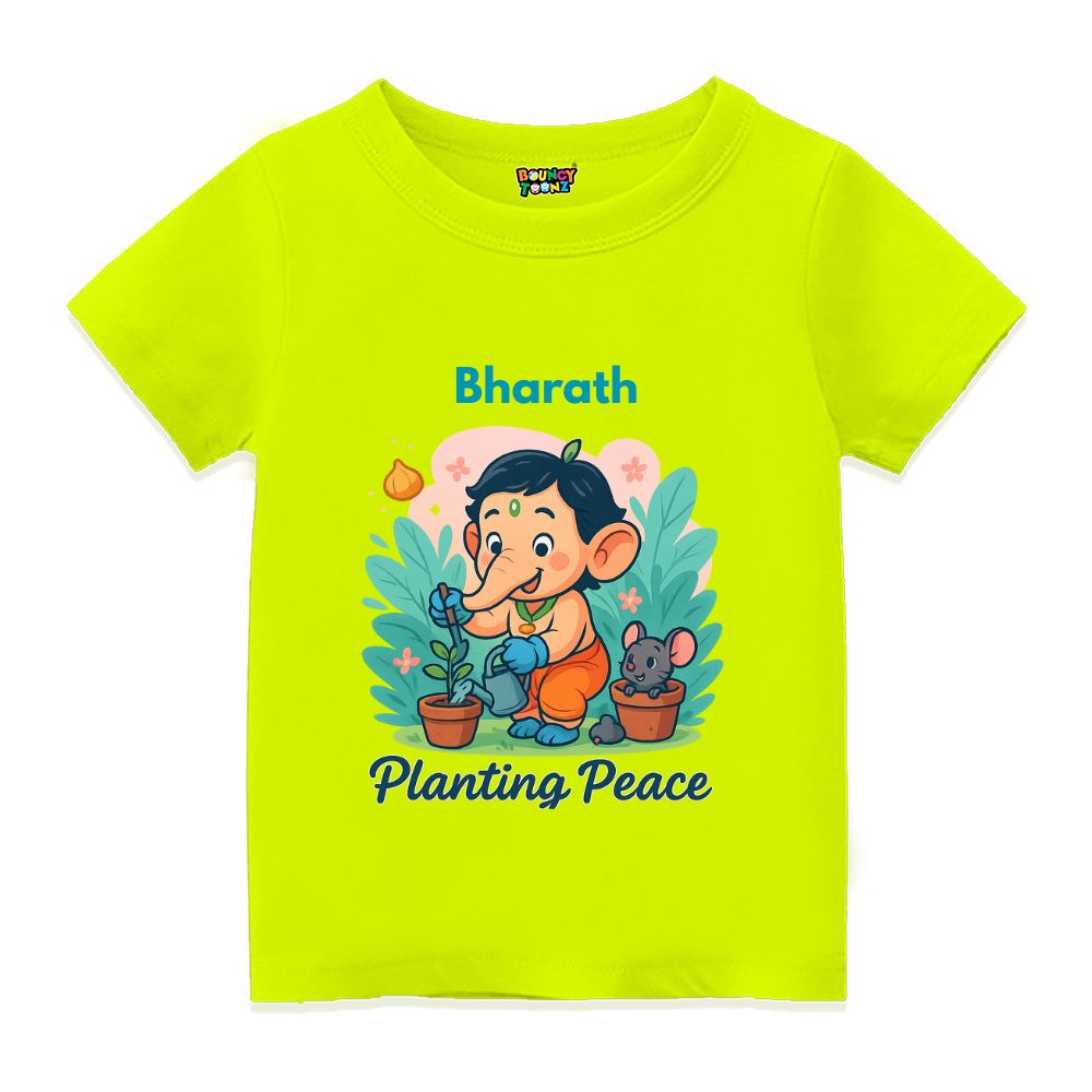 Neongreen Kids t-shirt with text 'Planting Peace' 
