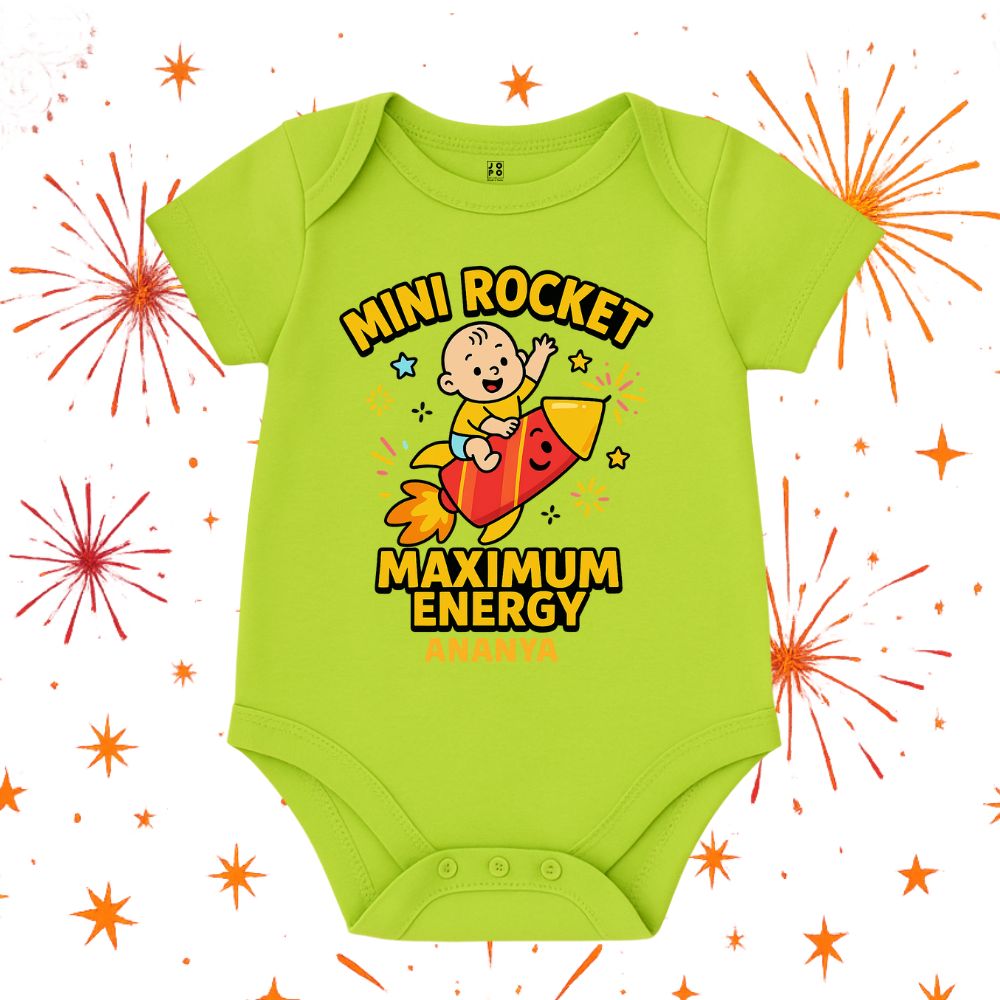 Neongreen baby onesie with a rocket design and text 