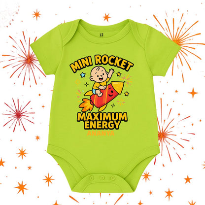 Neongreen baby onesie with a rocket design and text 