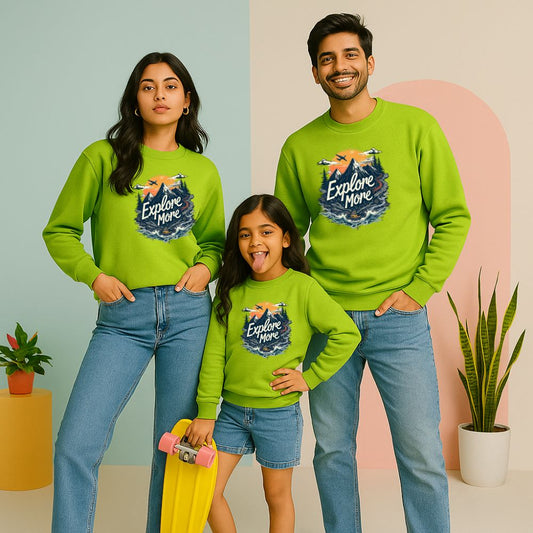 Neongreen family sweatshirts with 'Explore More' design