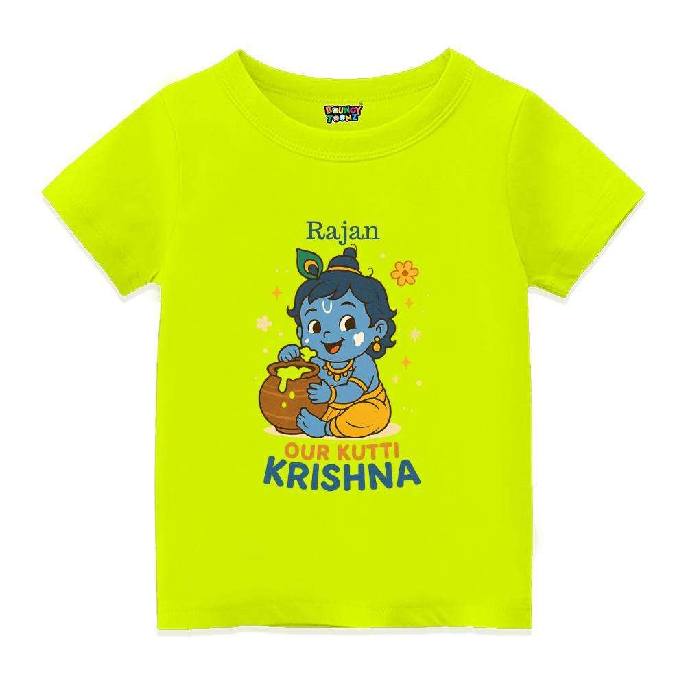 Neongreen t-shirt with Krishna cartoon character and 'Our Kutti Krishna' text