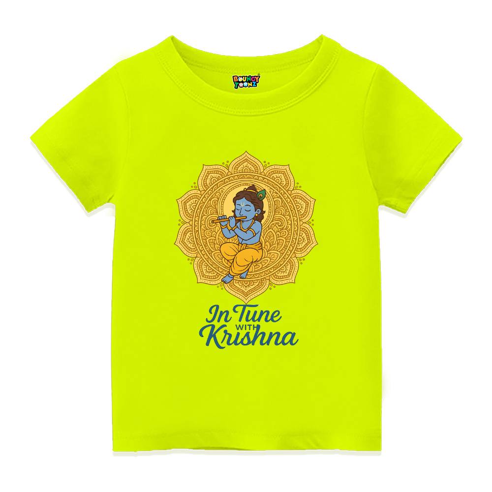 Neongreen t-shirt with a mandala design and 'In Tune with Krishna' text 