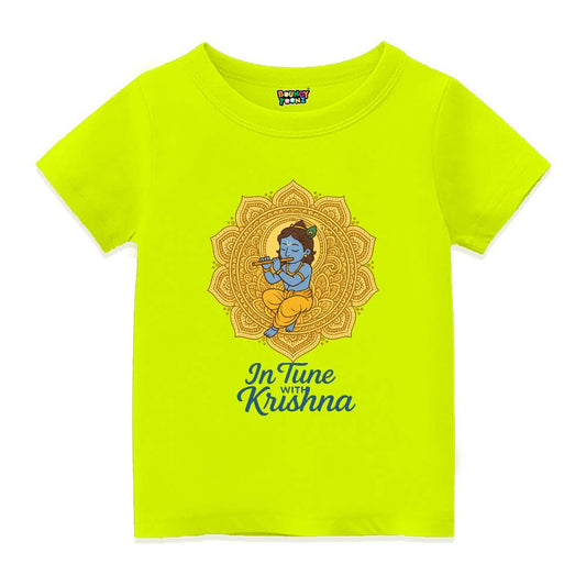 Neongreen t-shirt with a mandala design and 'In Tune with Krishna' text 