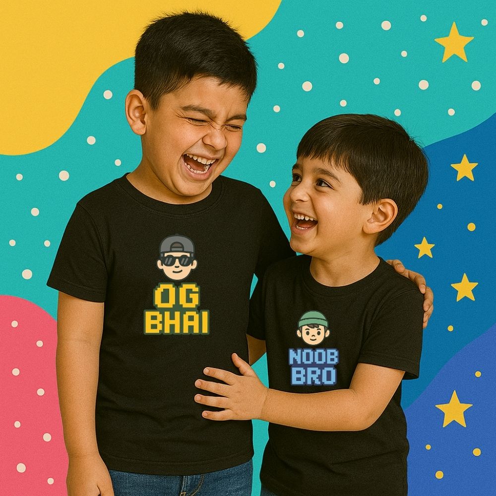 Custom kids’ tees reading ‘OG Bhai’ and ‘Noob Bro’ in playful fonts, ideal for brother-brother matching outfits. Gift for Raksha Bandhan Siblings_Tshirt