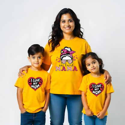 Mom and Kids Matching Mustard t-shirts with text  'BEST MOM, HAPPY BIRTHDAY' 