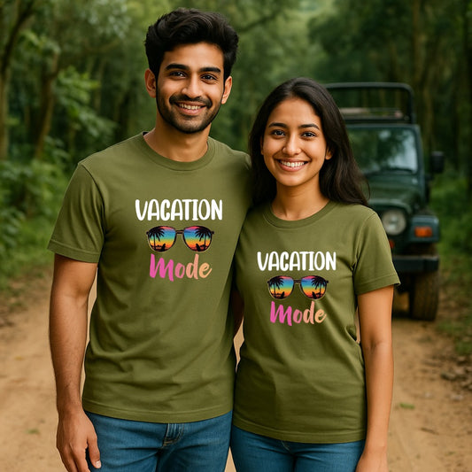 Olivegreen Couple t-shirts with 'Vacation Mode' text 