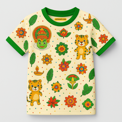 Onam Special Kids Jersey with colorful designs of tigers, flowers, and leaves