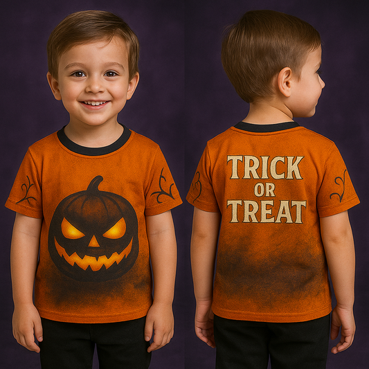 Orange Halloween-themed Jersey with a pumpkin face on the front and 'TRICK OR TREAT' on the back.