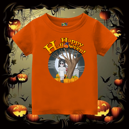 Orange Halloween-themed t-shirt with a ghost and pumpkins design