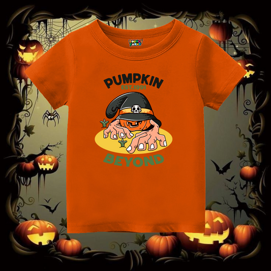 Orange Kids t-shirt with Halloween-themed design featuring pumpkins and text