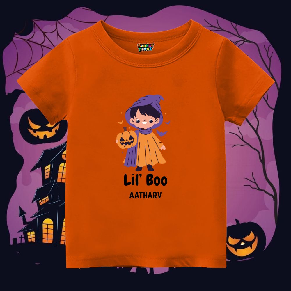 Orange Kids t-shirt with Halloween-themed design with text 'Li'l Boo' 