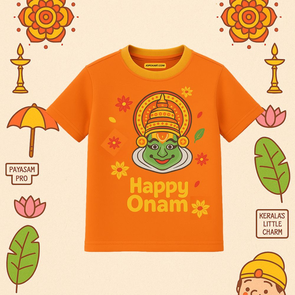 Orange Kids t-shirt with 'Happy Onam' Kathakali Face design 