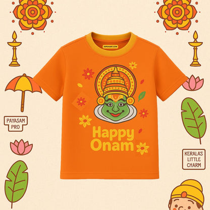 Orange Kids t-shirt with 'Happy Onam' Kathakali Face design 