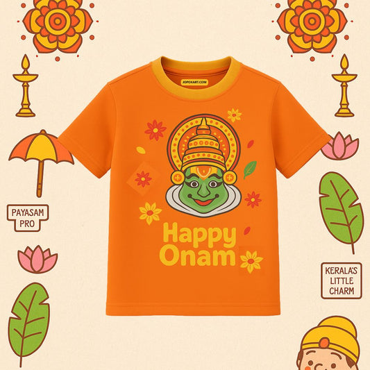 Orange Kids t-shirt with 'Happy Onam' Kathakali Face design 